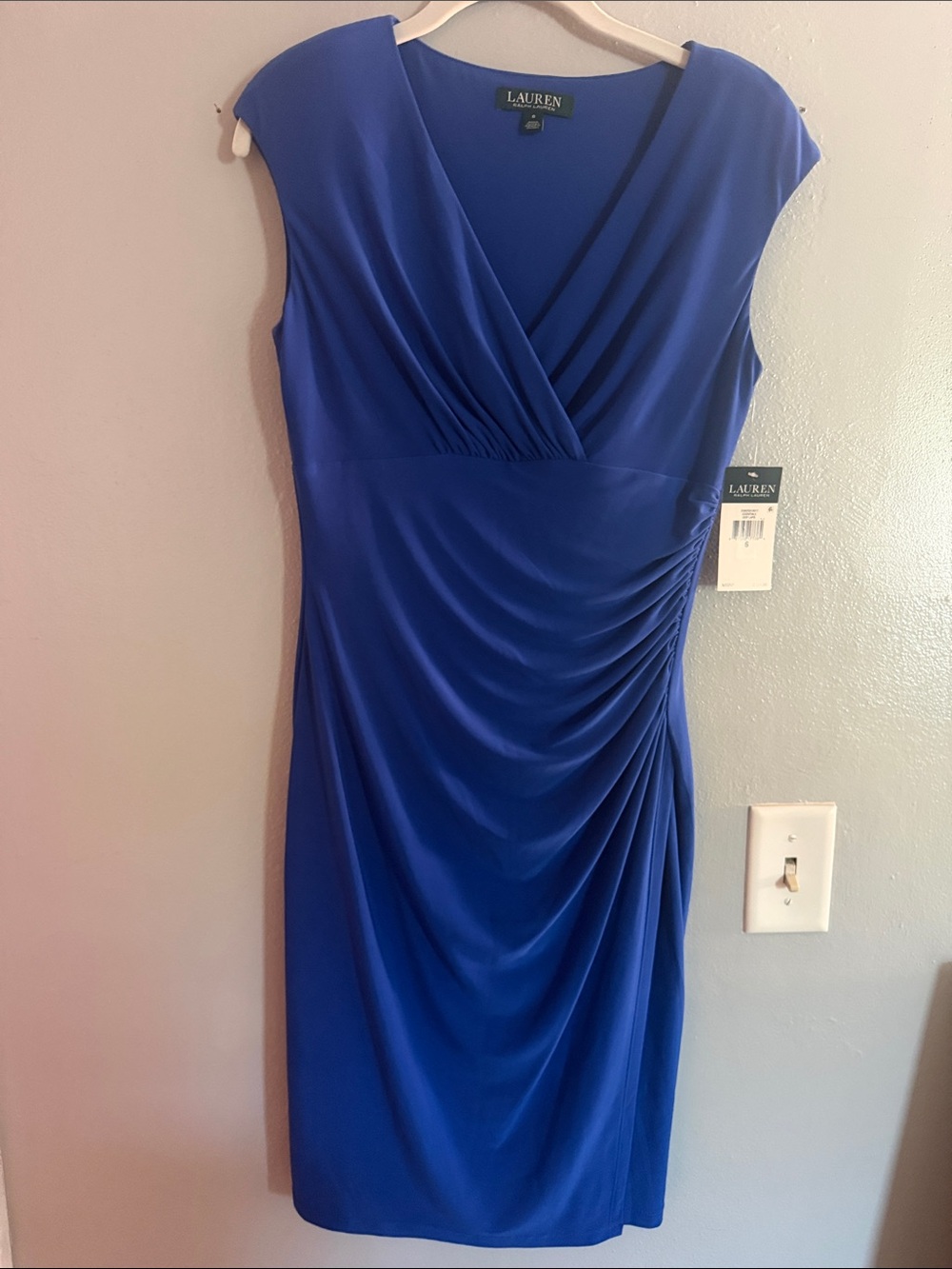 Lauren Ralph Lauren Cobalt Blue Faux-Wrap Ruched Midi Dress